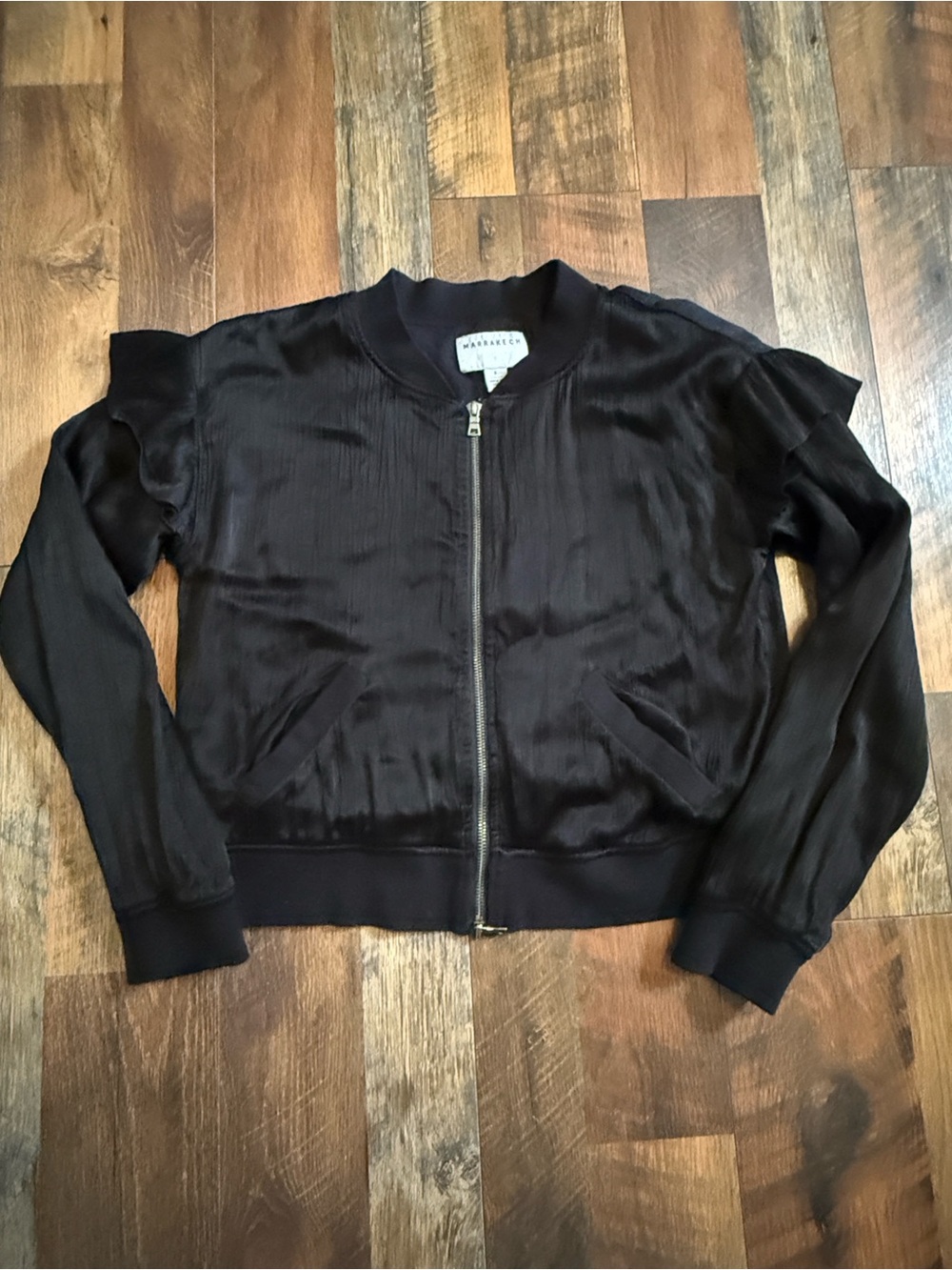 Marrakech Anthropologie black jacket ruffles full zip satin size small s